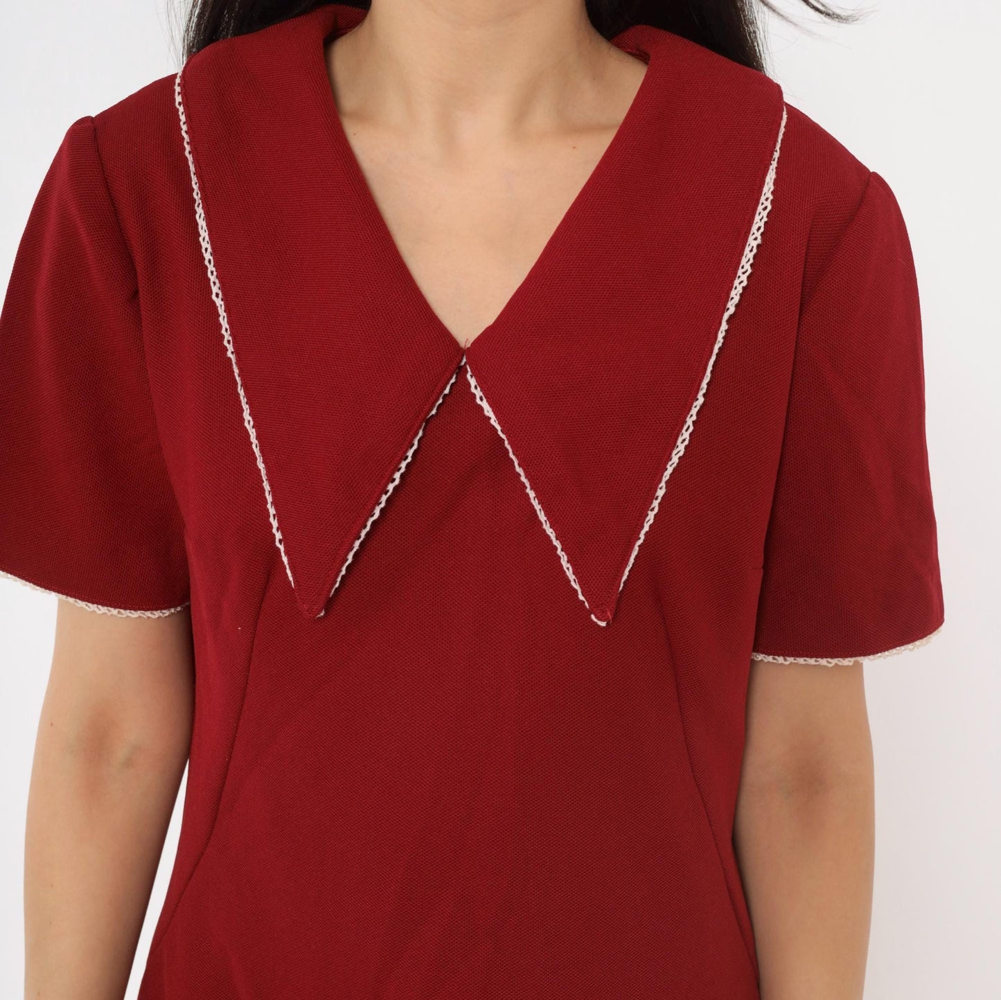 70s Burgundy Sailor Collar A-Line Dress Lace Trim Knee Length Medium
