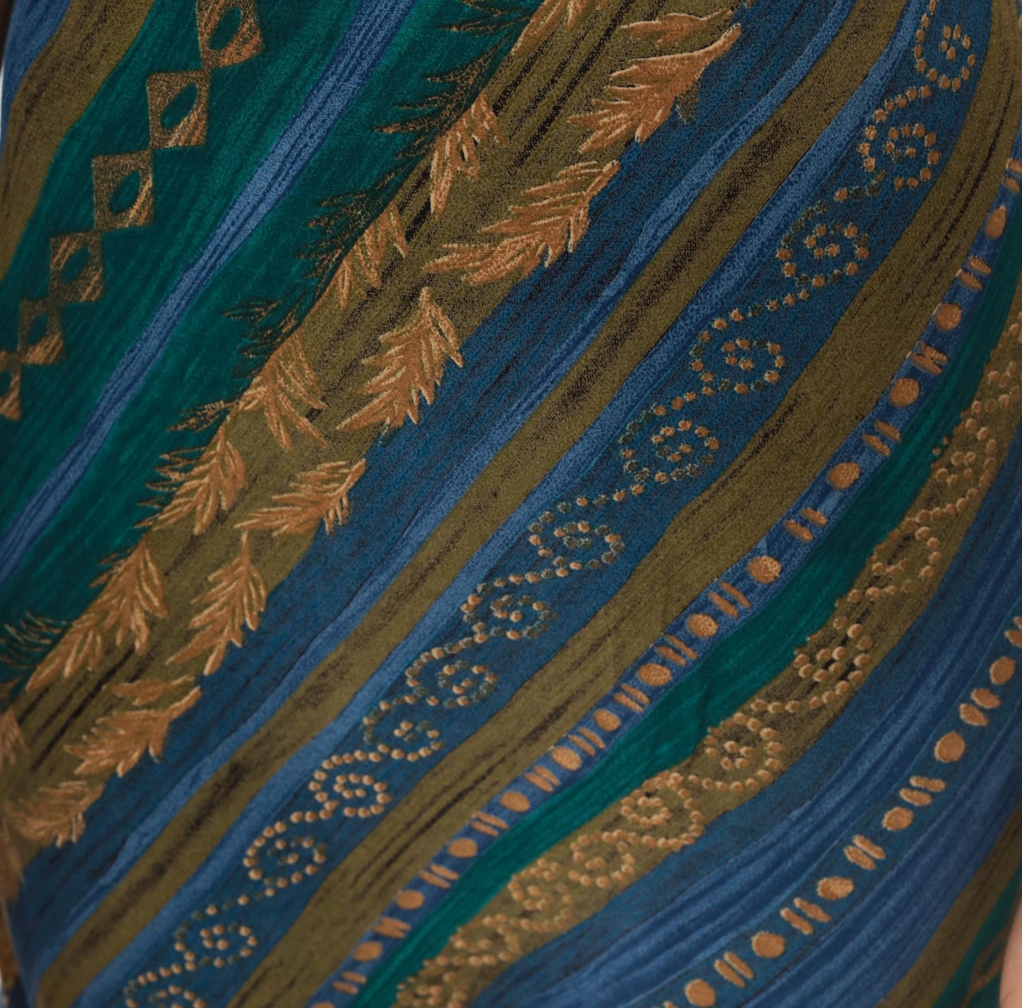 90s Tribal Geometric Sundress Blue Teal Gold Diagonal Stripe A-Line Medium M