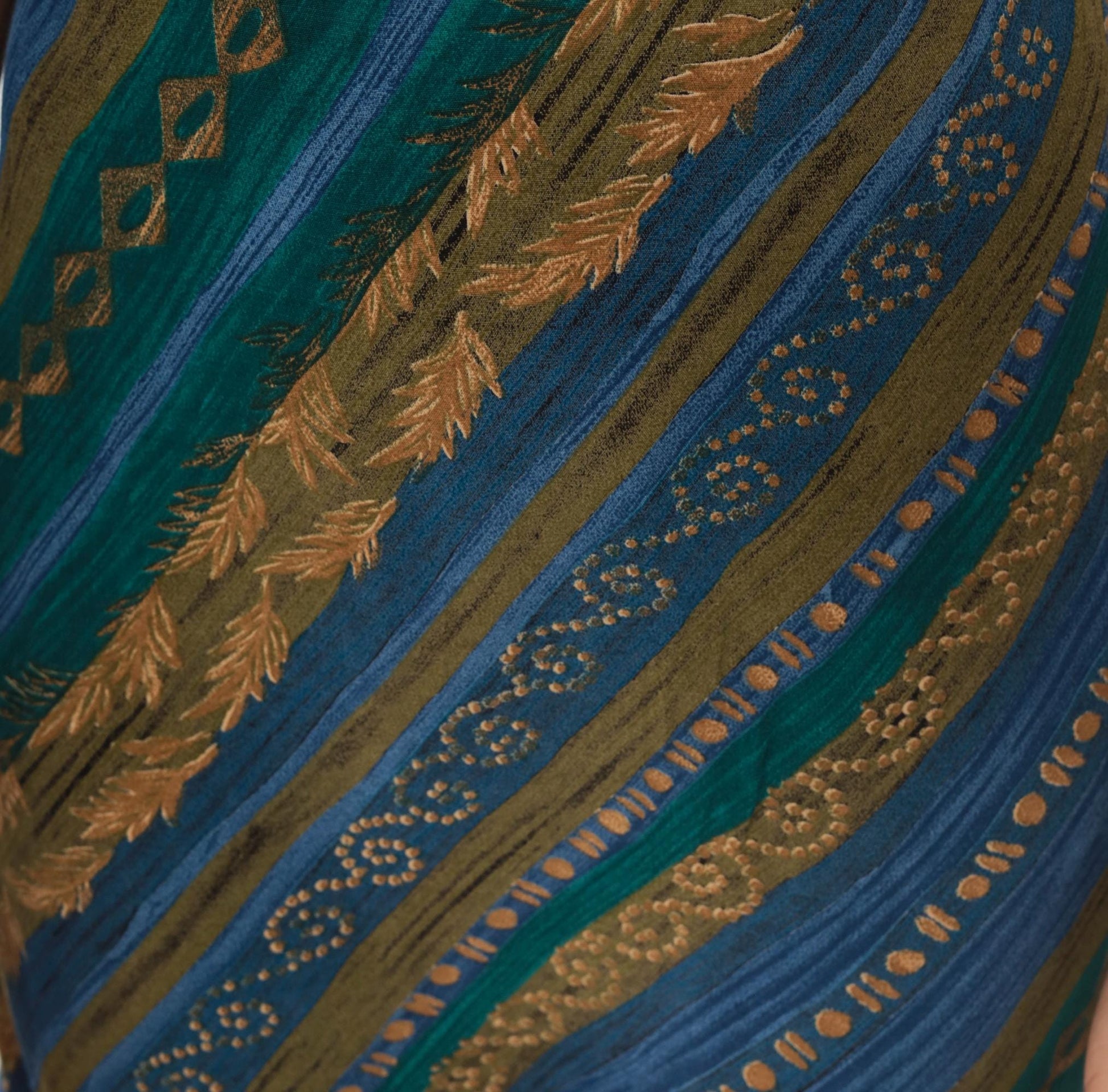 90s Tribal Geometric Sundress Blue Teal Gold Diagonal Stripe A-Line Medium M