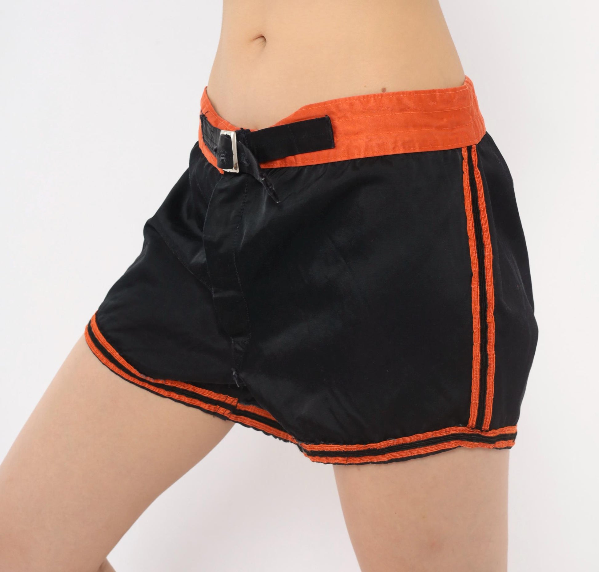 70s Mason Black Athletic Shorts Orange Stripe High-Waist Dolphin Medium M