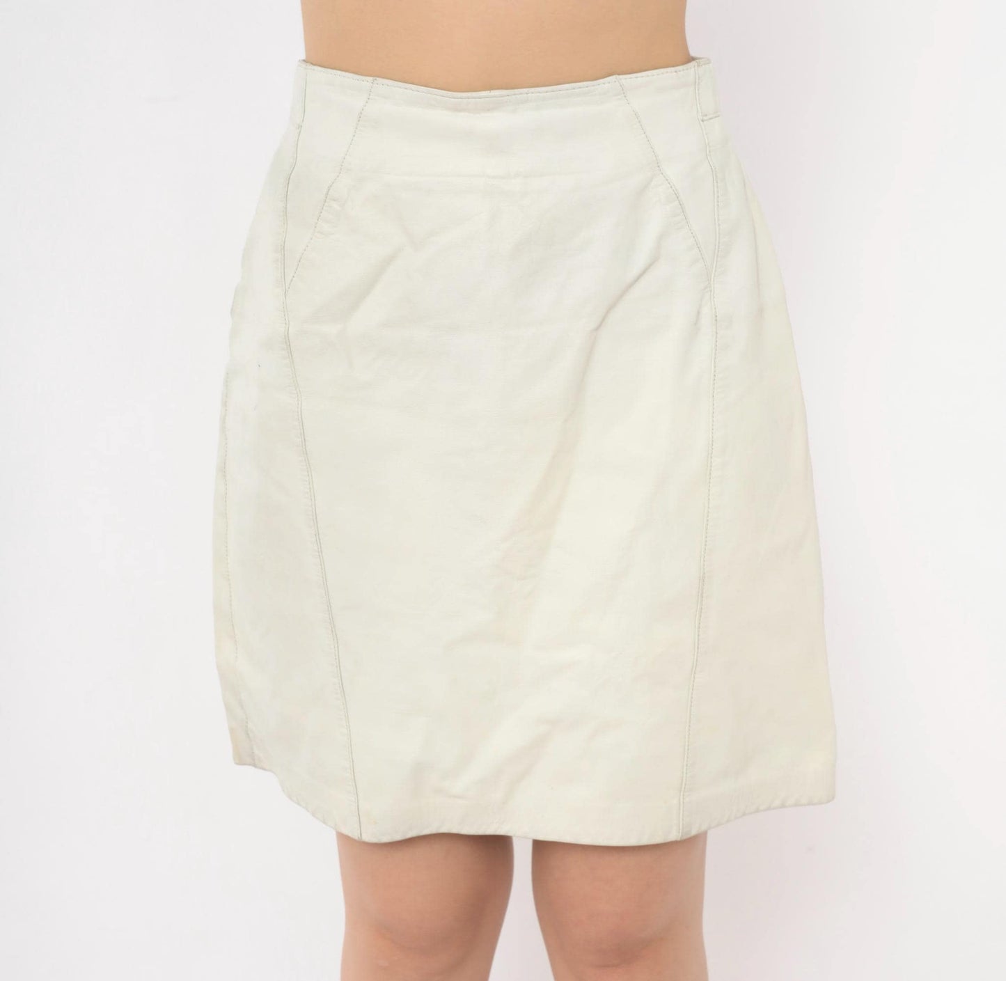 80s Ivory Leather Mini Skirt A-Line High Waist Paneled Seam Detail Small S