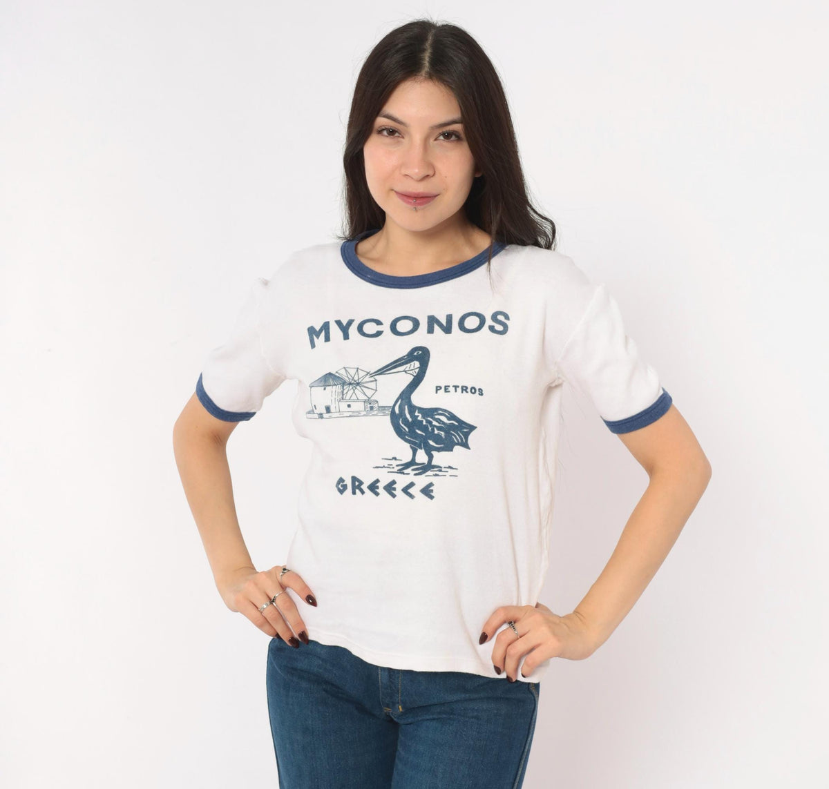 80s Mykonos Greece Ringer Tee White Navy Pelican Windmill Cotton Medium