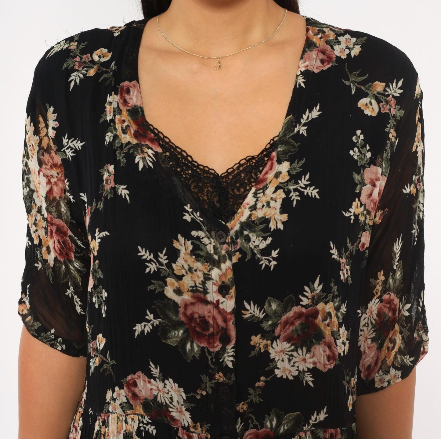 90s Nostalgia Black Floral Maxi Dress V Neck Button Front Crochet Lace Small