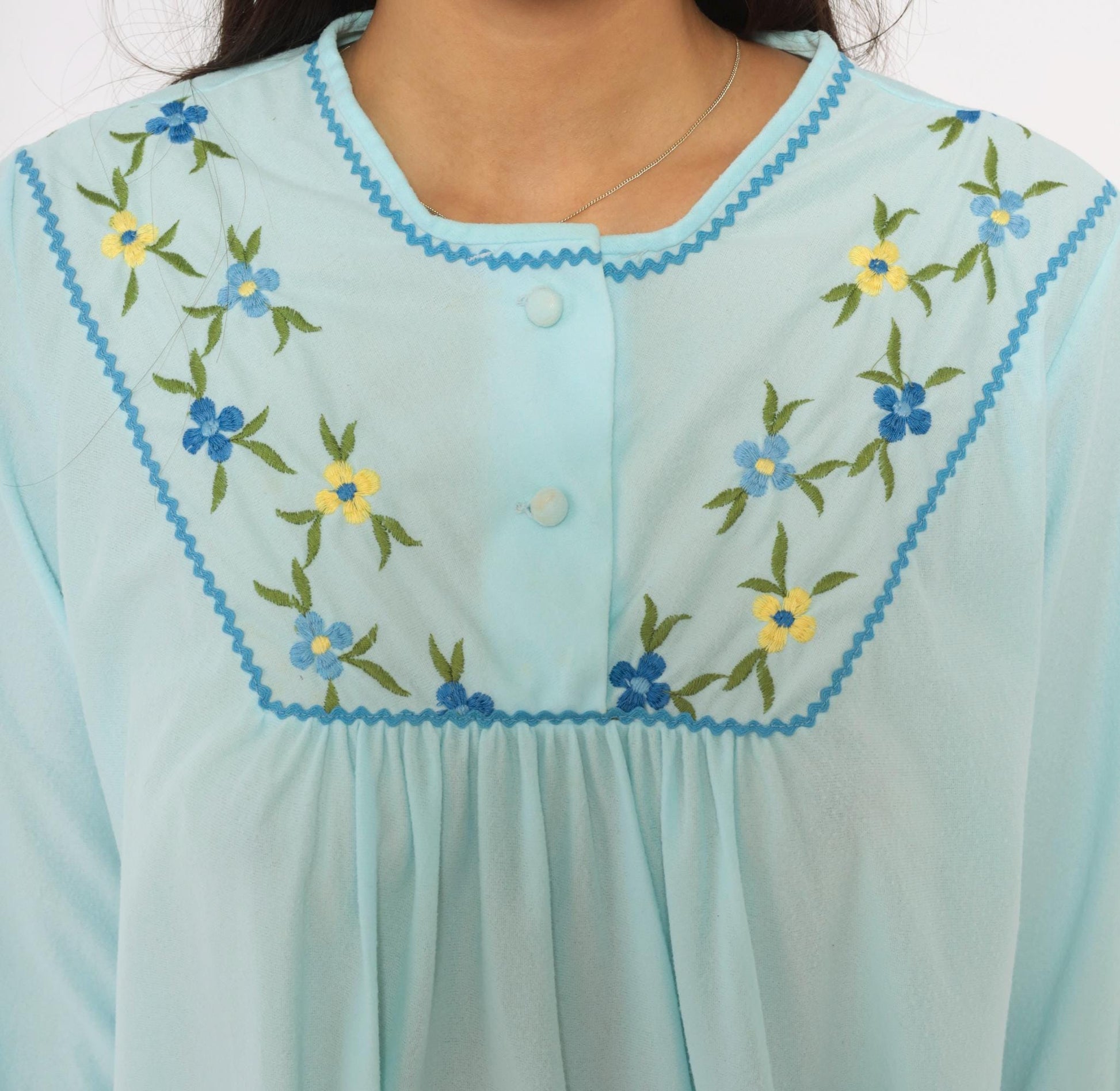 80s Sears Embroidered Floral Nightgown Baby Blue Button Front Mini Small