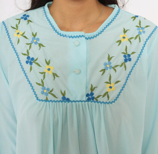80s Sears Embroidered Floral Nightgown Baby Blue Button Front Mini Small