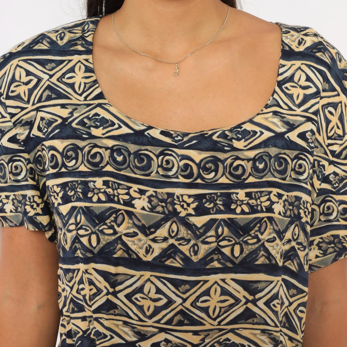 00s Maggy London Tribal Print Midi Dress Navy Cream Geometric Scoop Neck Large L