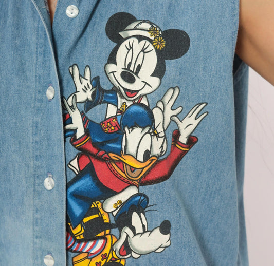 90s Mickey Unlimited Disney Denim Sleeveless Shirt Blue Chambray Medium M