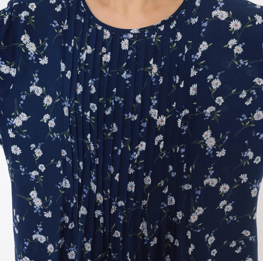 90s Navy Floral Rayon Dress Pintuck Daisy Print Tie Back Ankle Maxi Plus Size 3X