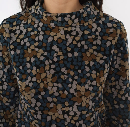 60s Leaf Print Shift Dress Black Crepe Mock Neck Three Quarter Sleeve Extra Small XS