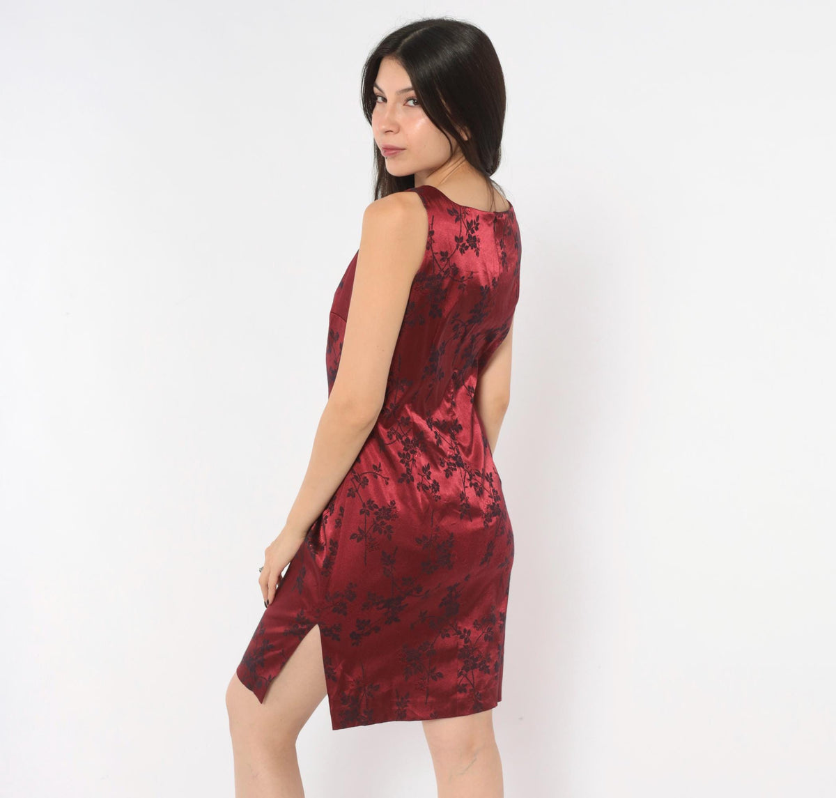 90s Esprit Wine Red Floral Jacquard Sheath Dress Sleeveless Small S