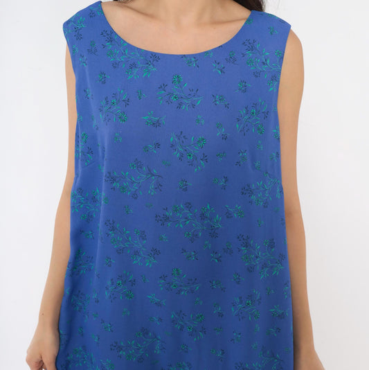 90s Leslie Fay Blue Floral Maxi Dress Sleeveless Scoop Neck Large L