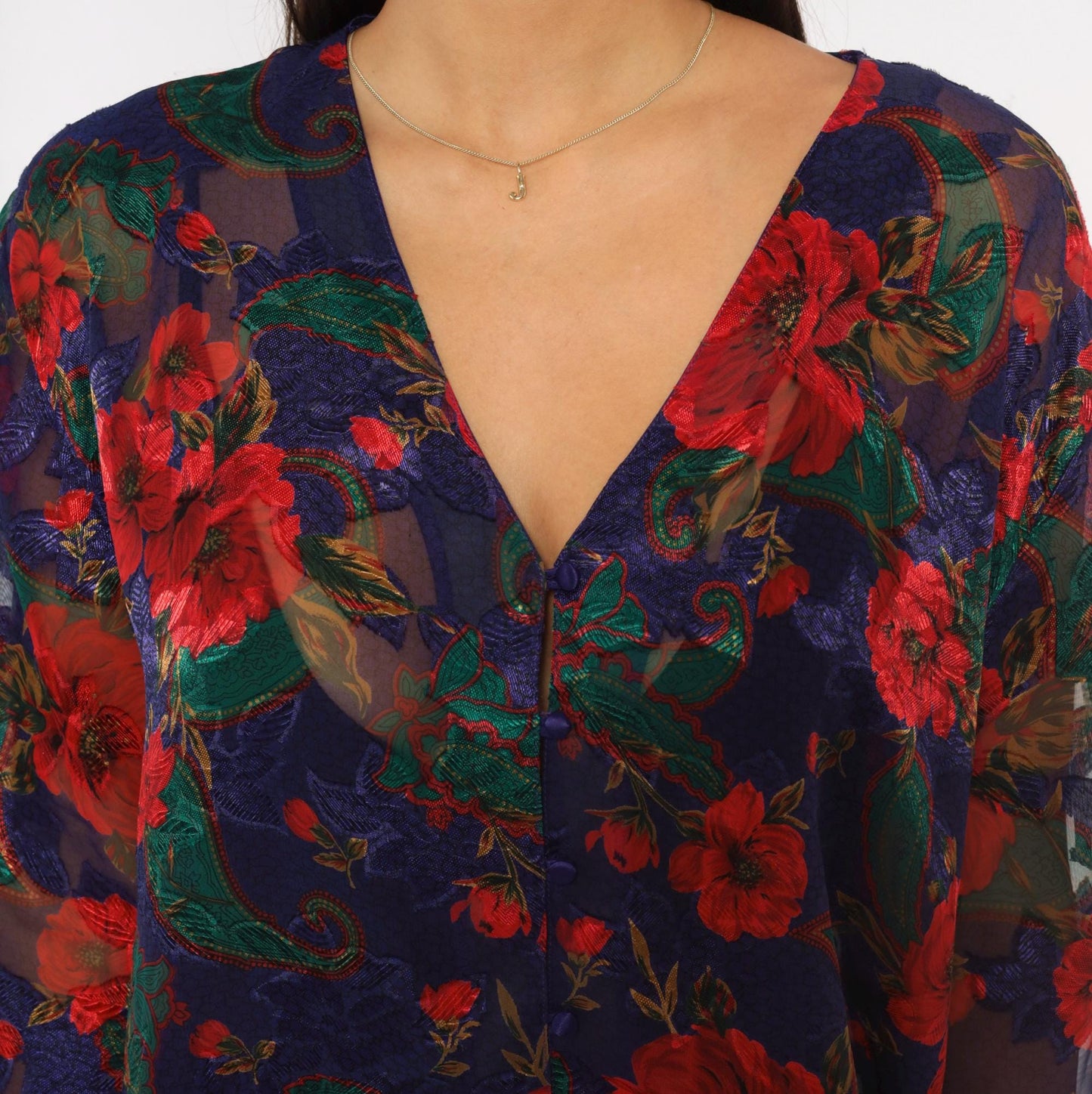 90s Victoria's Secret Sheer Robe Navy Red Floral Bell Sleeve Button Front Medium