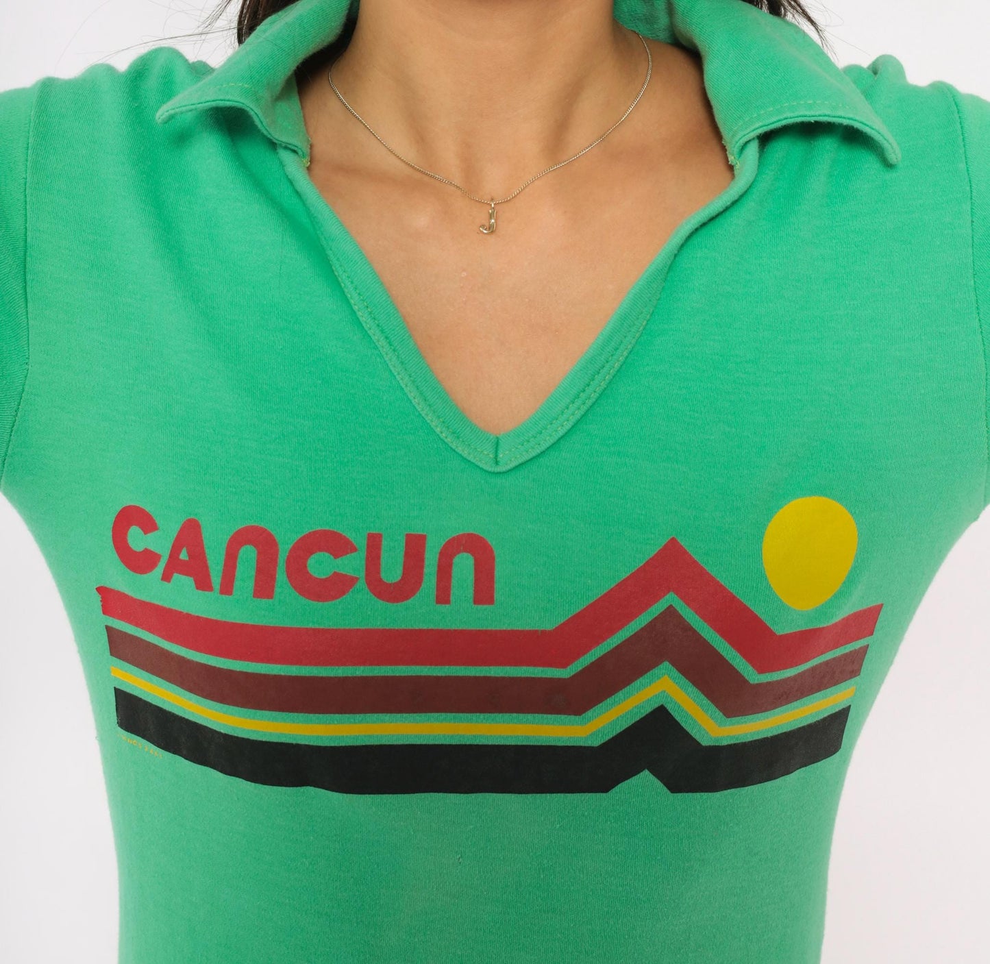 80s Zaky Sport Cancun Sunset Polo Green V-Neck Graphic Shirt Medium