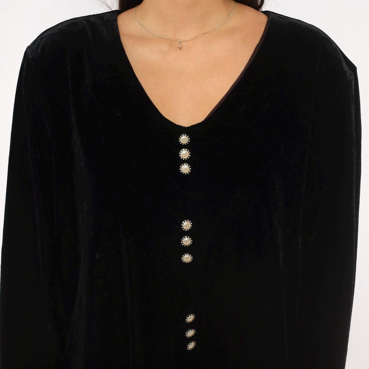 90s Another Thyme Black Velvet Mini Dress Pearl Buttons V-Neck Plus Size 1X