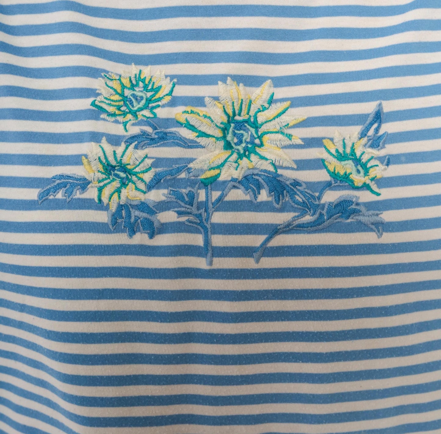 90s Shenanigans Blue White Striped Floral Embroidered Tee Large