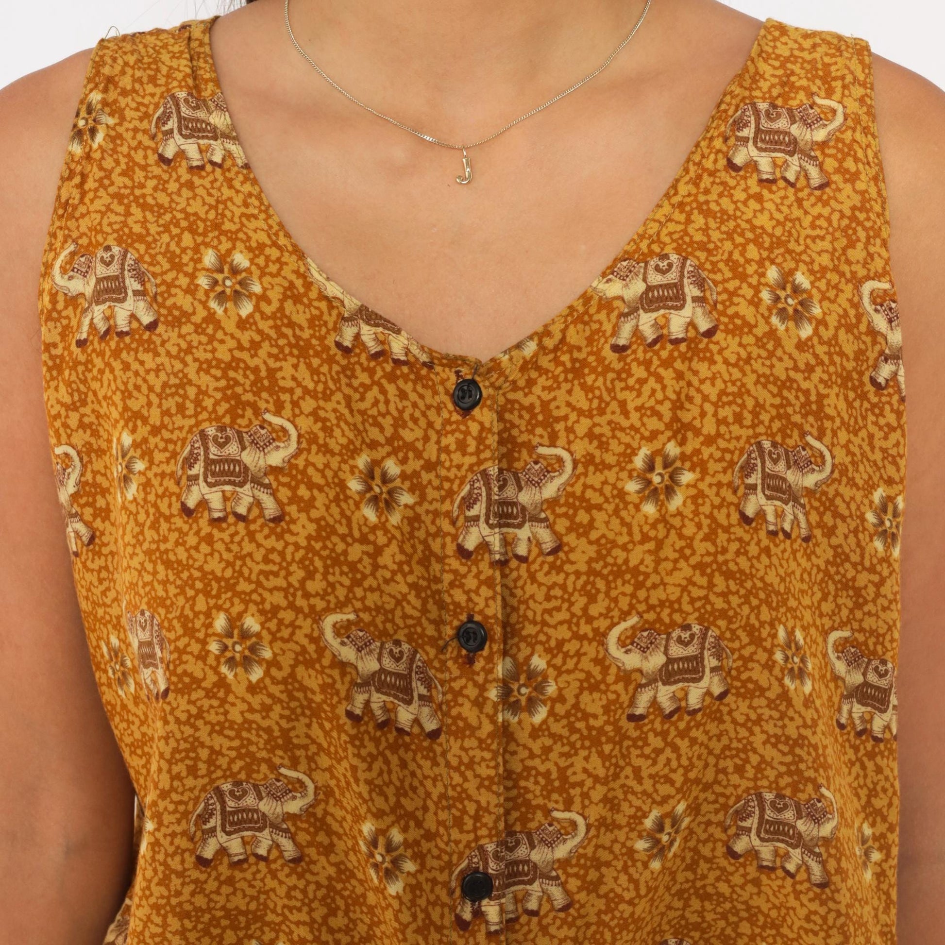 Y2K Dream Island Elephant Print Tank Top Mustard Gold Large L