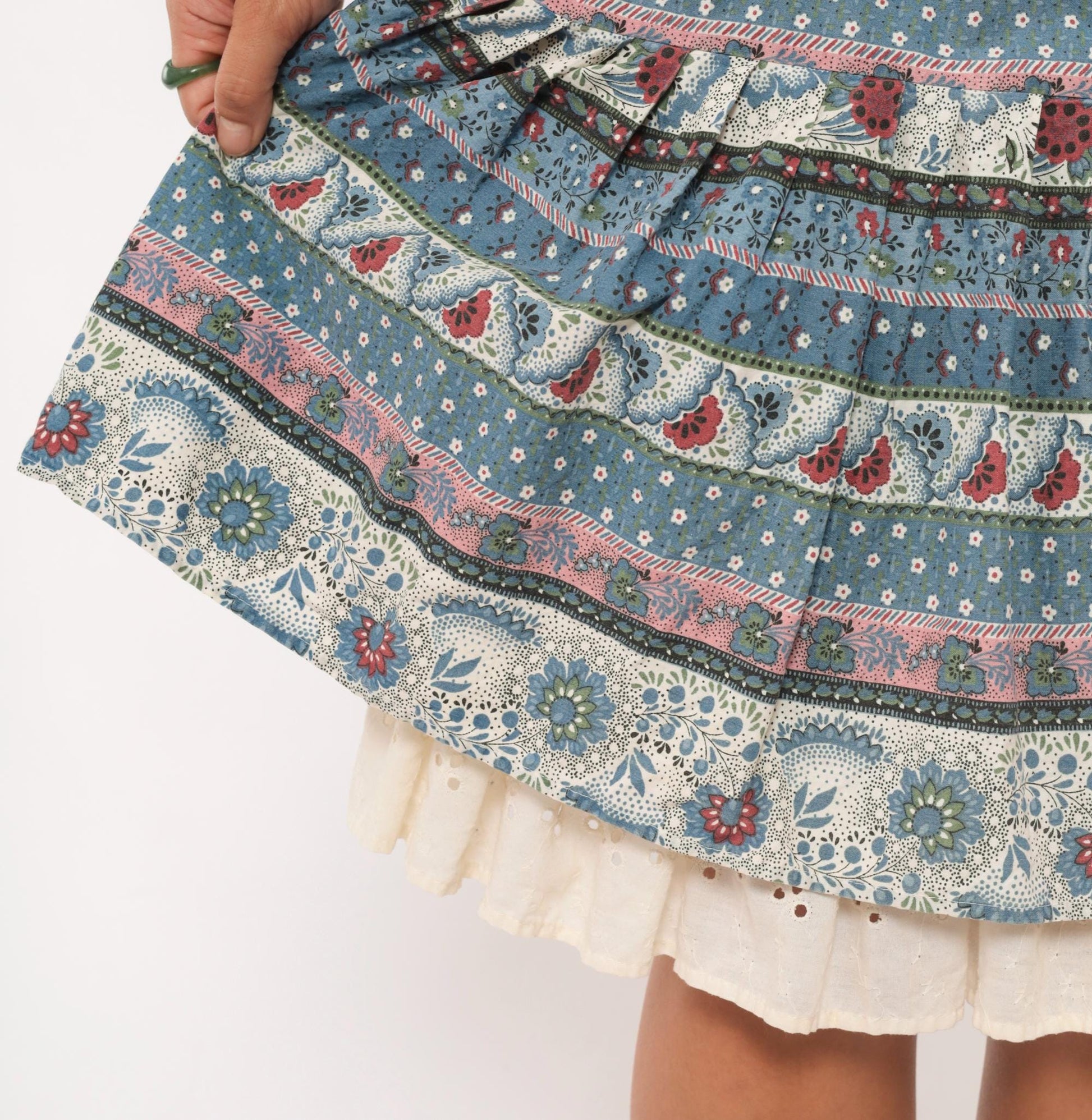 90s New Girls' Generation Tiered Prairie Skirt Blue Burgundy Floral Large L
