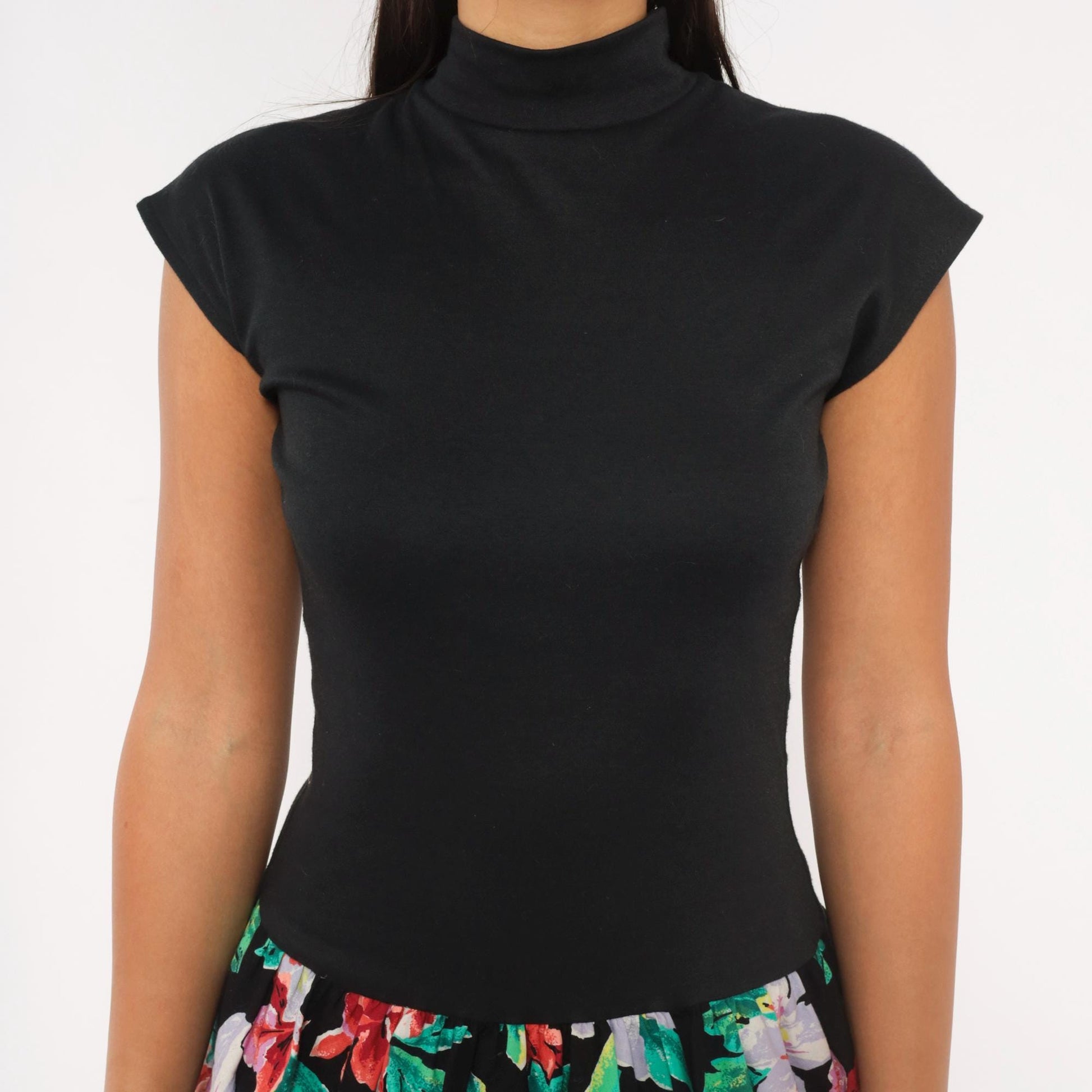 80s Byer Too! Floral Bubble Mini Dress Mock Neck Cap Sleeve Black Small