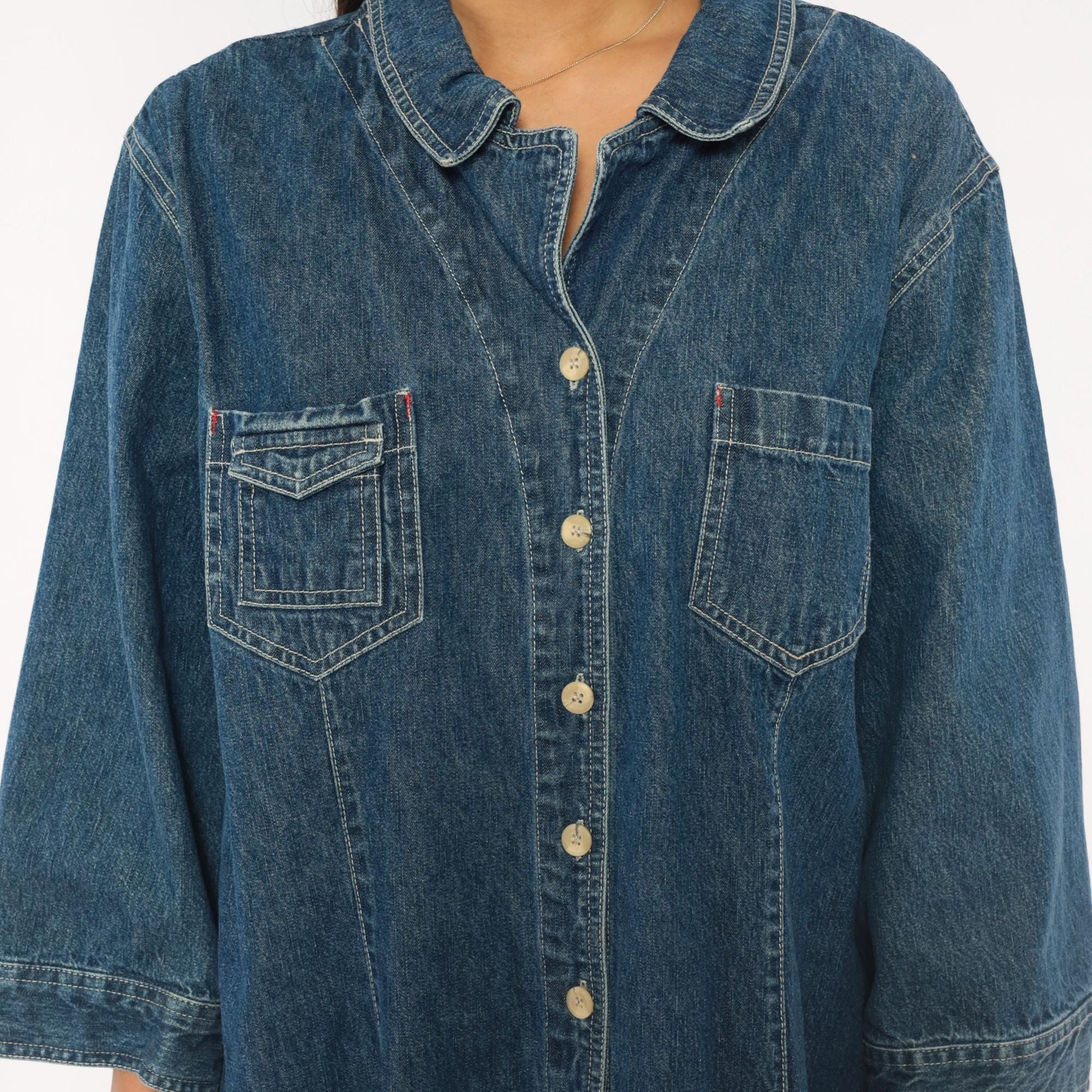 90s Carolina Blues Denim Shirt Dress Navy Button Front Cotton Plus Size XXL