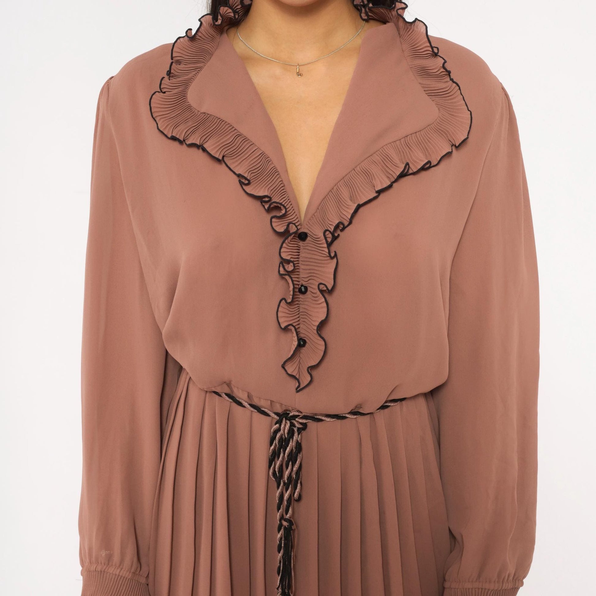 80s Cobina Mauve Pleated Dress Ruffled Collar V-Neck Blouson Sleeve Extra Large XL