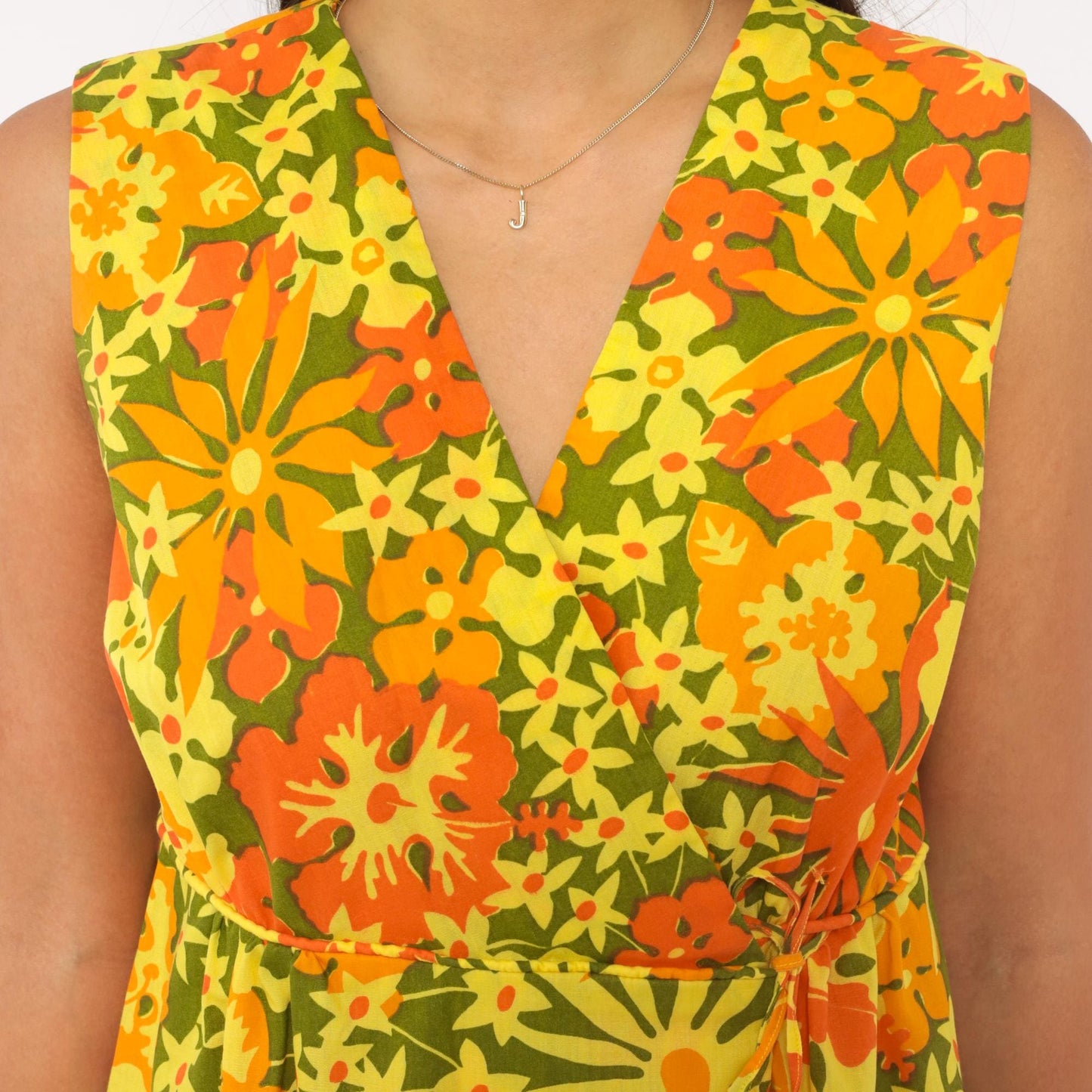70s Ruth Clarage Psychedelic Floral Wrap Dress Mini Yellow Orange Small