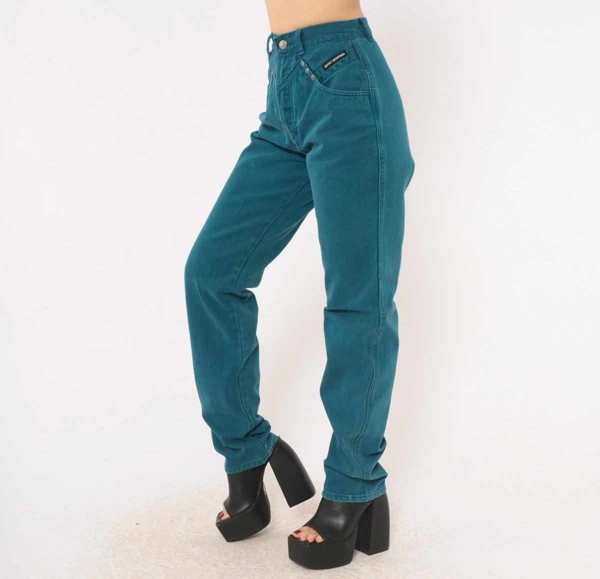 90s Rocky Mountain Teal Denim High Waist Mom Jeans Tapered Straight Leg Extra Small XS