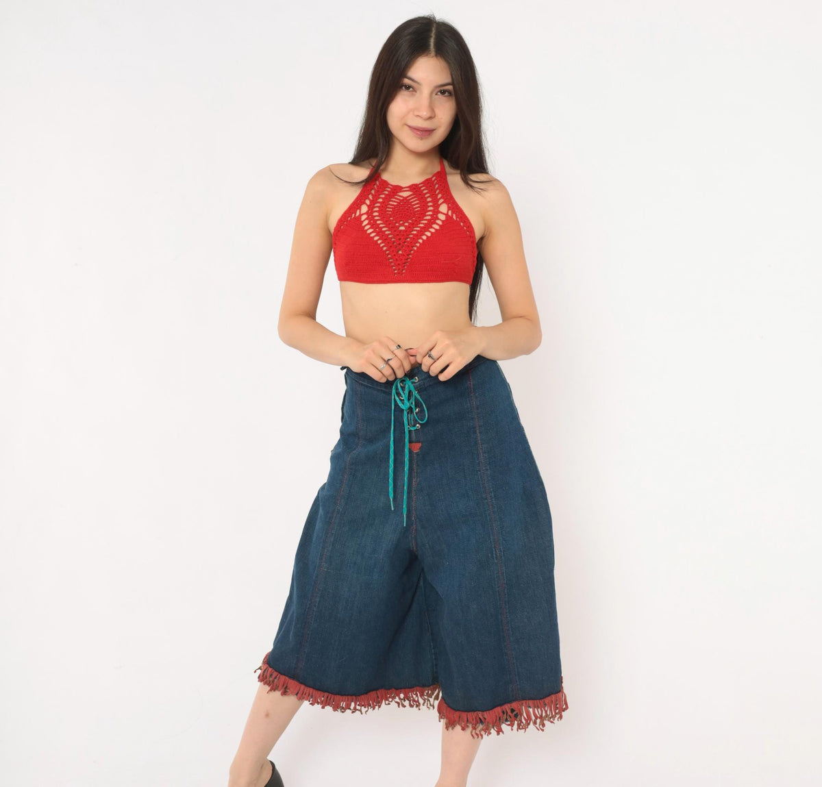 80s Blue Denim Wide Leg Shorts Red Fringe Lace Up Front Studded Medium M