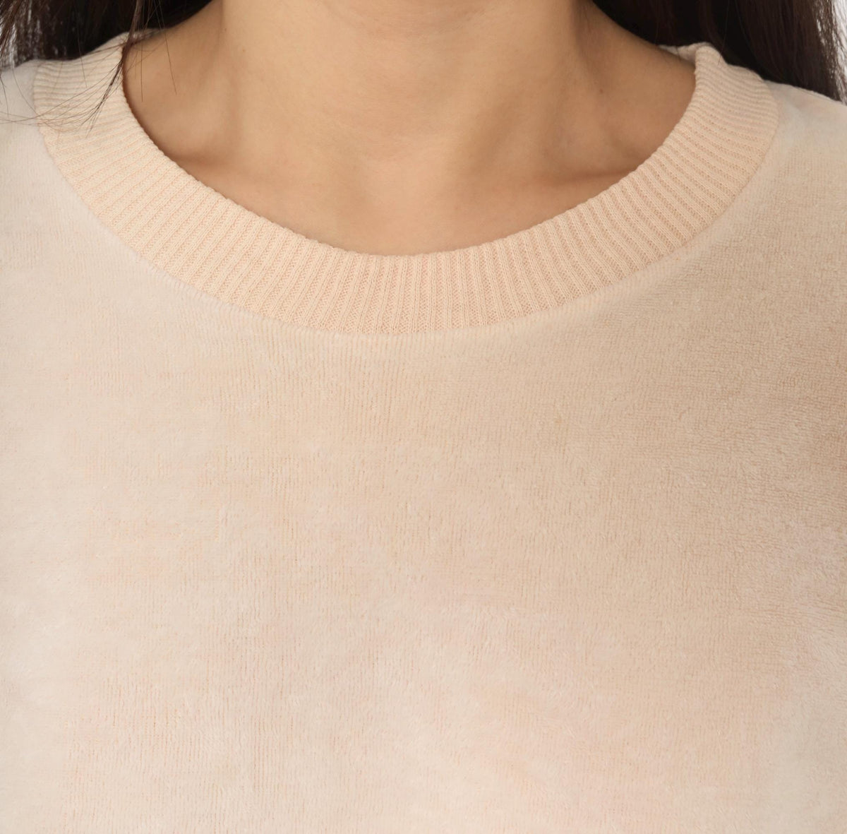 80s St Martine Velour Sweatshirt Cream Blush Pink Ribbed Crew Pullover Medium
