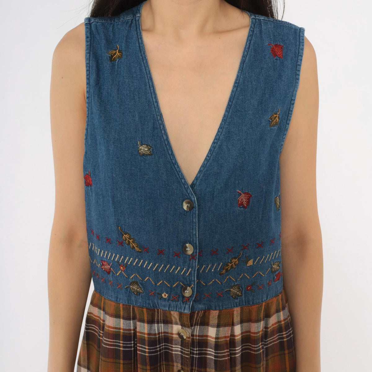 90s Casey&Max Denim Plaid Midi Dress Embroidered Leaves V Neck Large