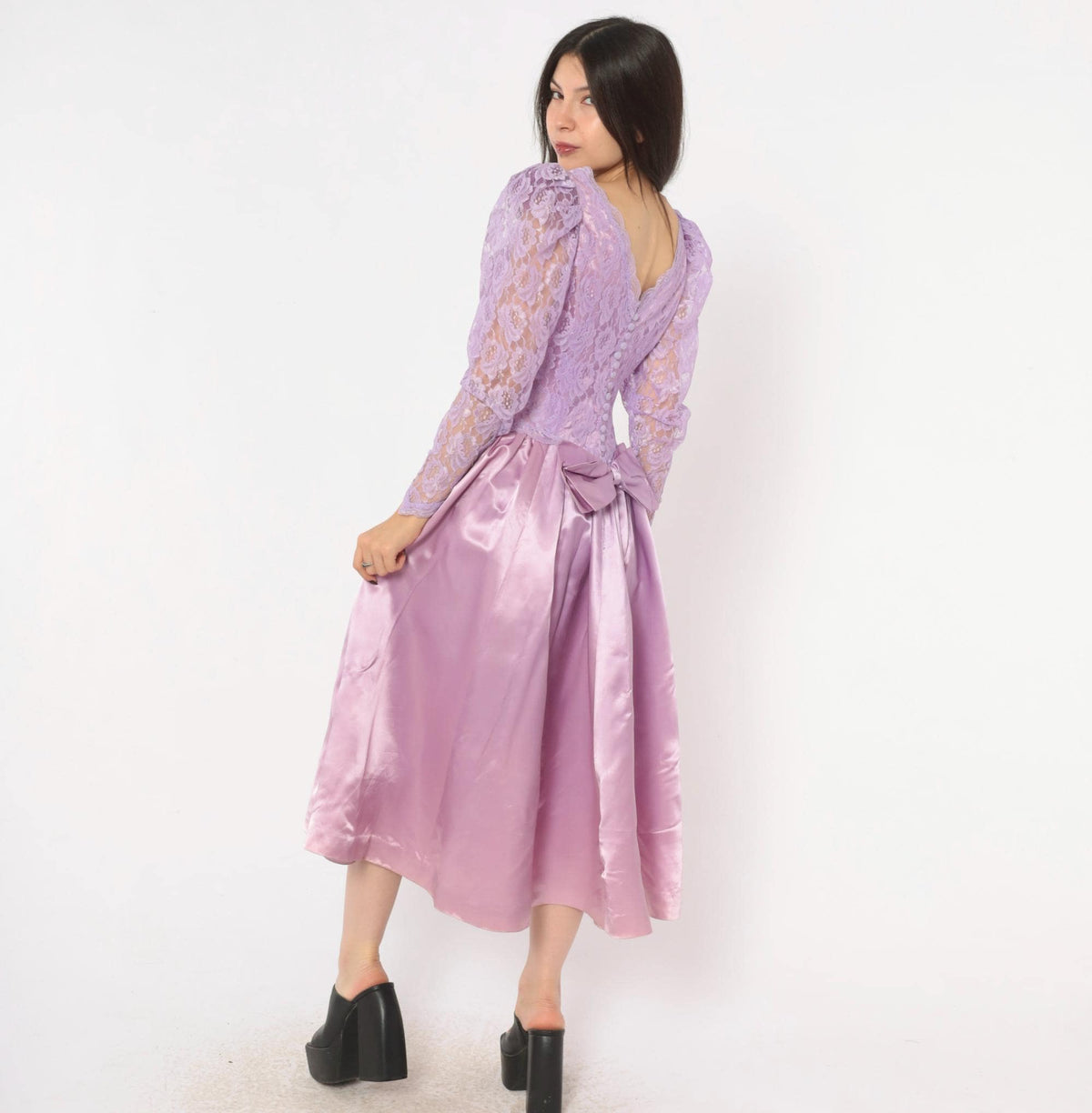 80s Lavender Lace Midi Dress Puff Sleeve Satin Purple V Neck Small