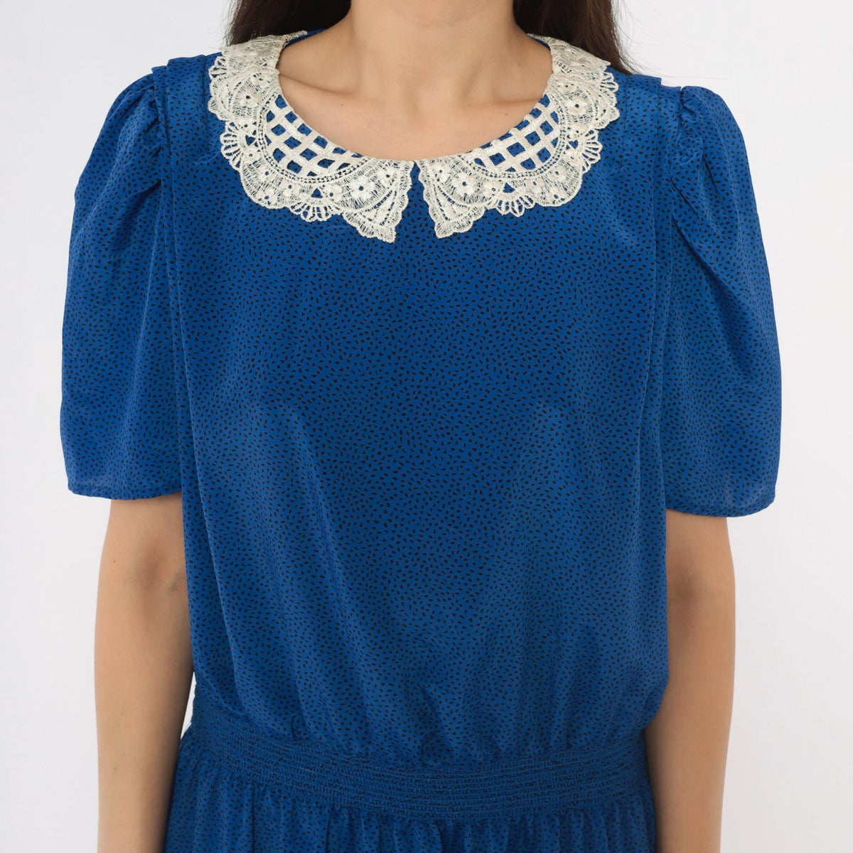 80s Stuart Alan Cobalt Midi Dress Lace Collar Puff Sleeve Dot Print Medium