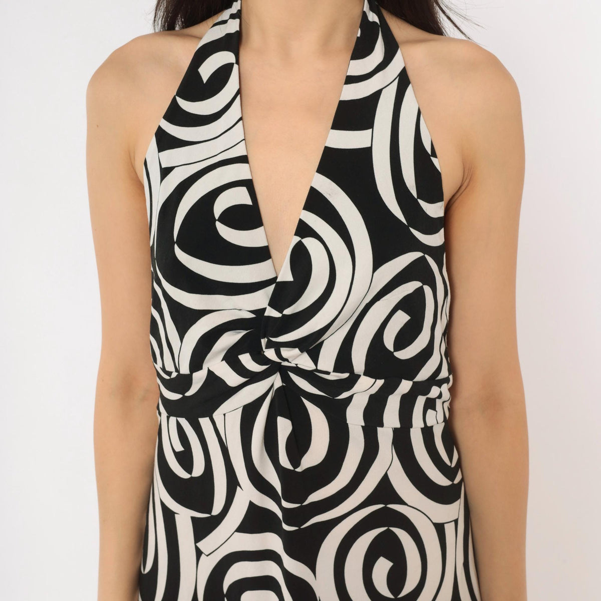 Y2K Maggy London Halter Dress Black White Swirl Print Open Back Medium M