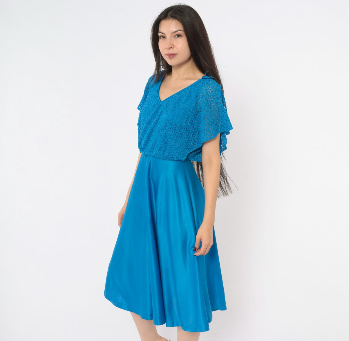 70s Cobalt Blue Crochet Knit Dress Flutter Sleeve V Neck Drop Waist Small