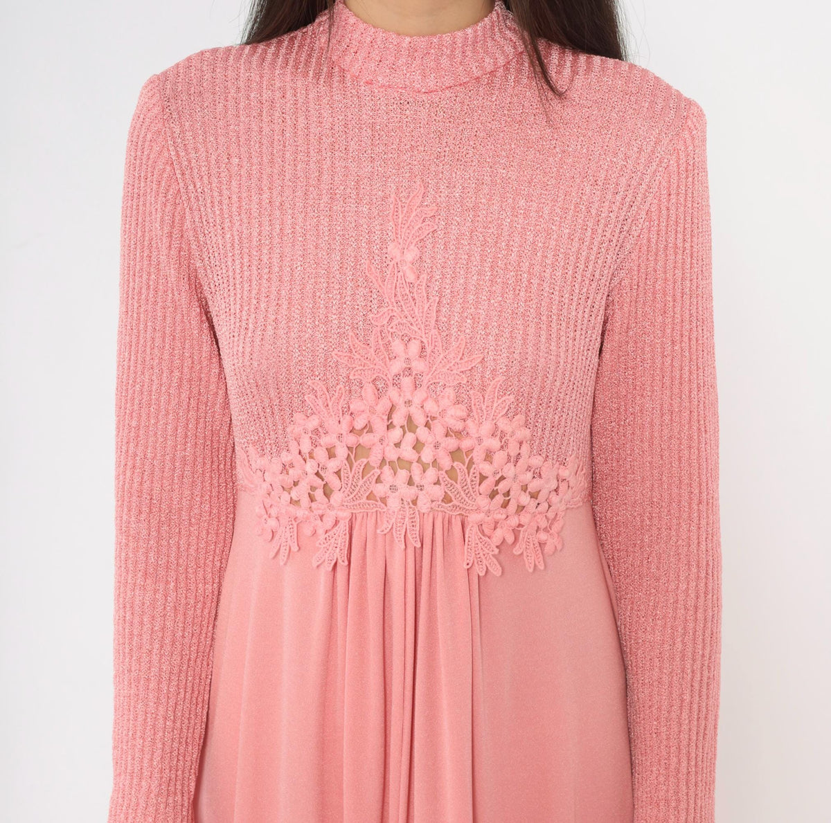 70s Pink Maxi Dress Knit Bodice Floral Lace Empire Waist Long Sleeve Medium