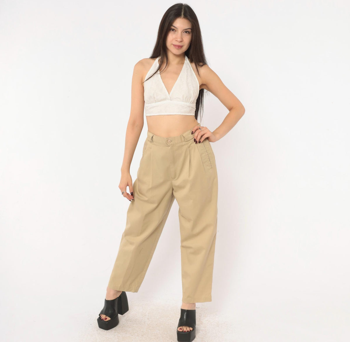 80s Casablanca Pleated Khaki Trousers High Waist Tapered Ankle Beige Medium
