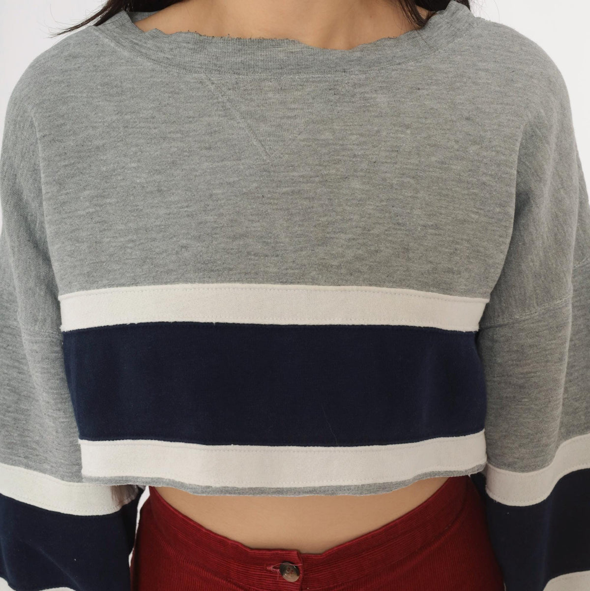 90s Decker Sportswear Cropped Sweatshirt Grey Navy Stripe Boat Neck Small