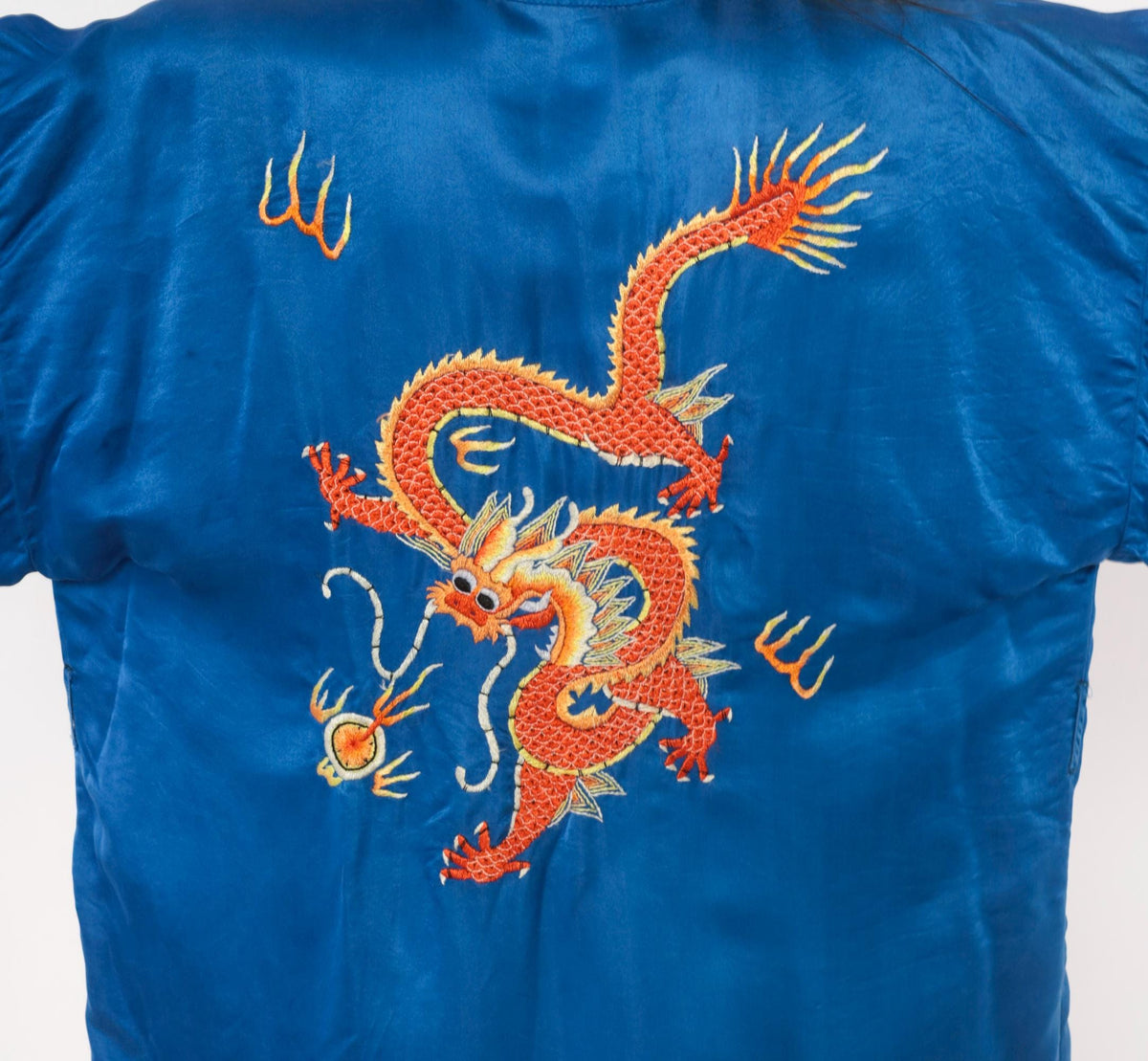 90s Golden Deer Silk Kimono Robe Cobalt Blue Dragon Embroidered Medium