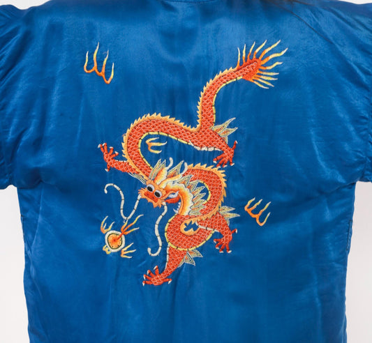 90s Golden Deer Silk Kimono Robe Cobalt Blue Dragon Embroidered Medium