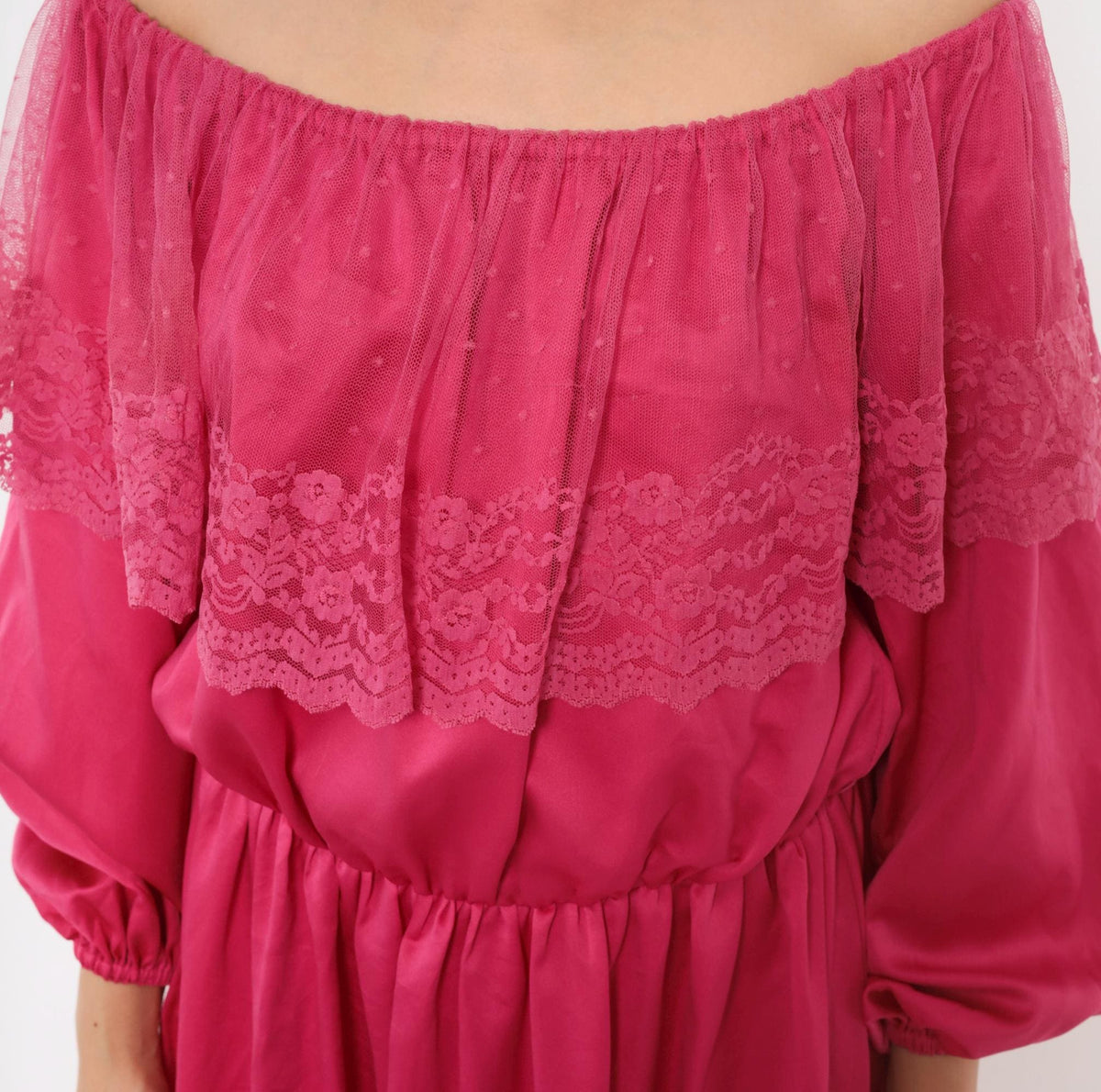 80s Hot Pink Off-Shoulder Midi Dress Lace Ruffle Balloon Sleeve Medium M