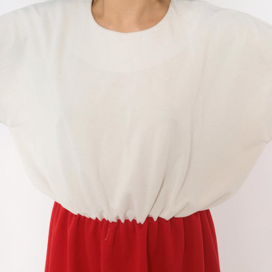 80s Leslie Fay Colorblock Dress White Red Gathered Waist Knee-Length Plus Size 1X