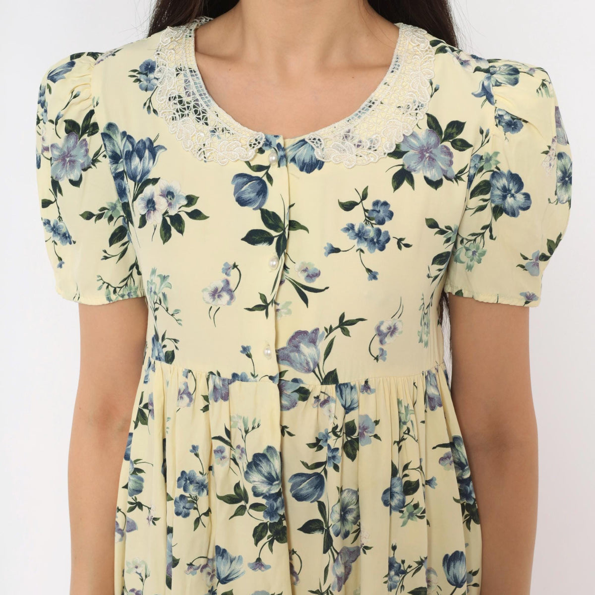 90s Swat Floral Babydoll Dress Cream Blue Puff Sleeve Lace Collar Extra Small XS
