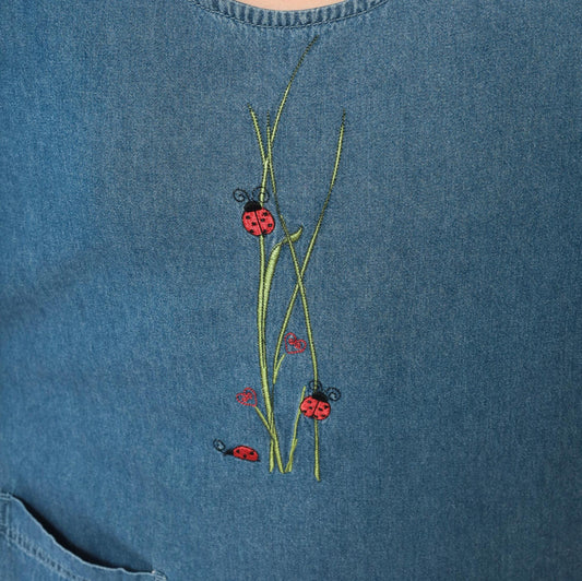 90s Blair Ladybug Embroidered Denim Shift Dress Blue Knee-Length Extra Large