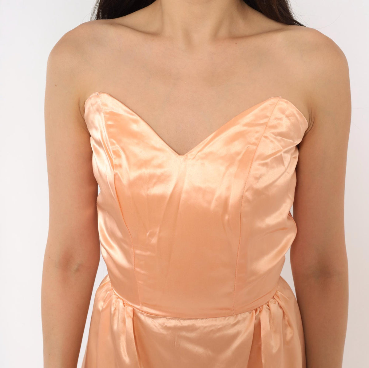 80s Peach Satin Strapless Maxi Gown Sweetheart Neckline Lace Bustle Small