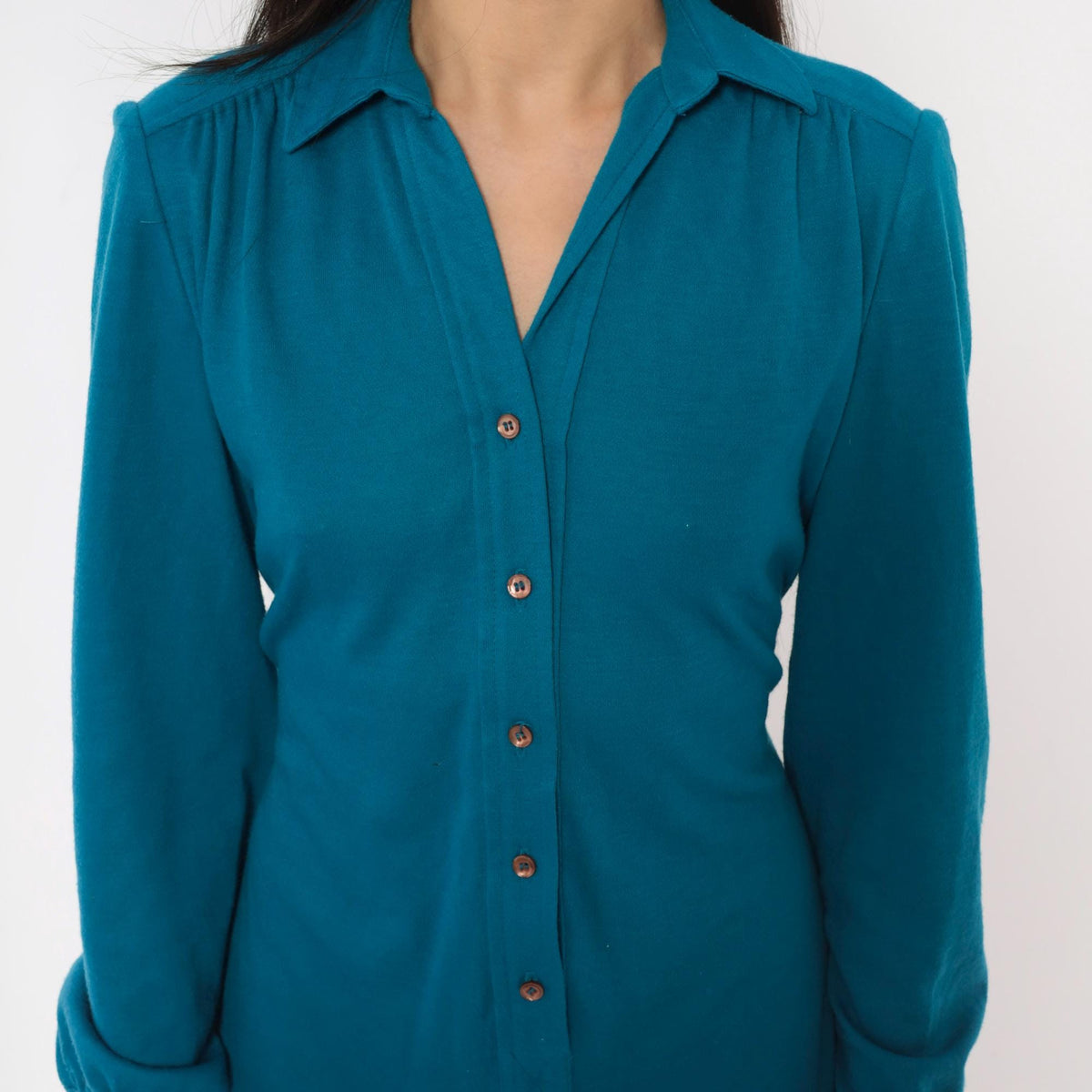 70s Schrader Sport Petites Teal Wool Shirt Dress Tie Waist A-Line Medium M