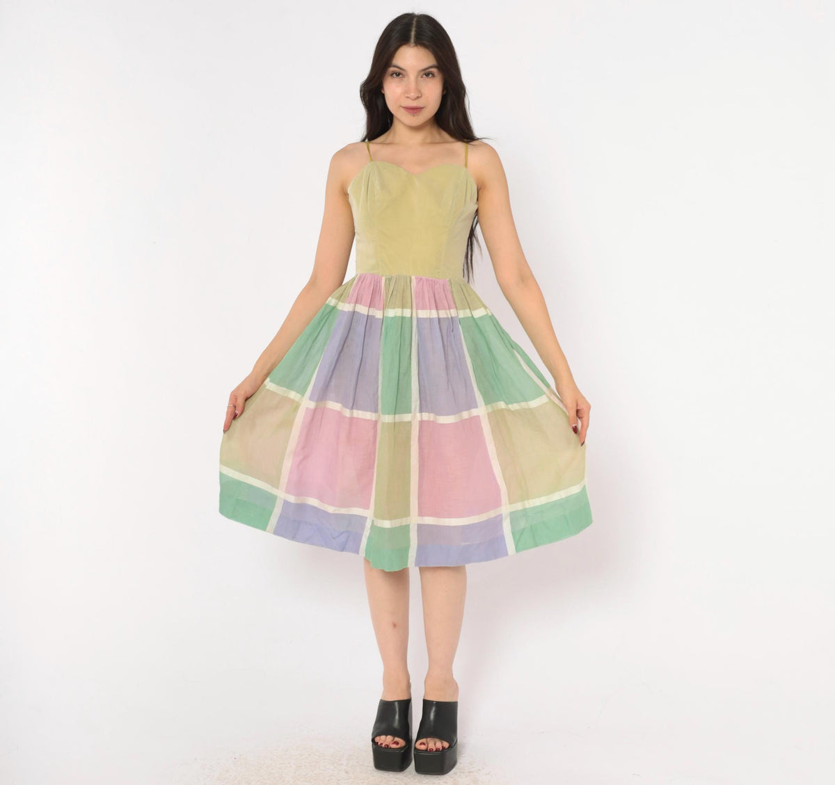 60s Pastel Plaid Sundress Sweetheart Neckline Gathered Skirt Cotton XS