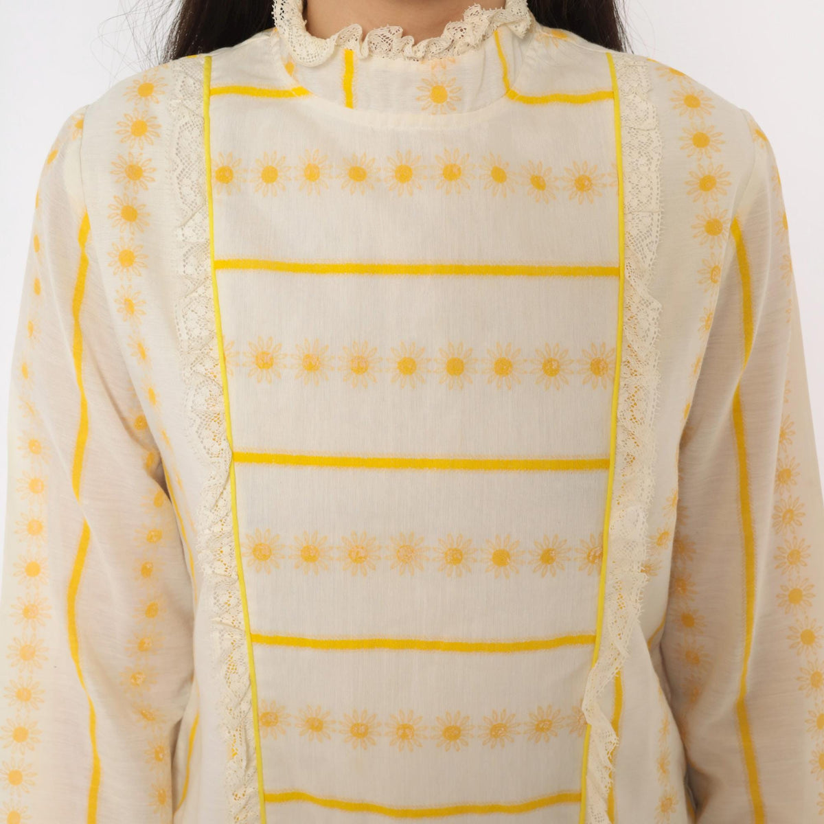60s Miss Brent Daisy Stripe Mini Dress Yellow Cream Lace High Neck Long Sleeve Extra Small