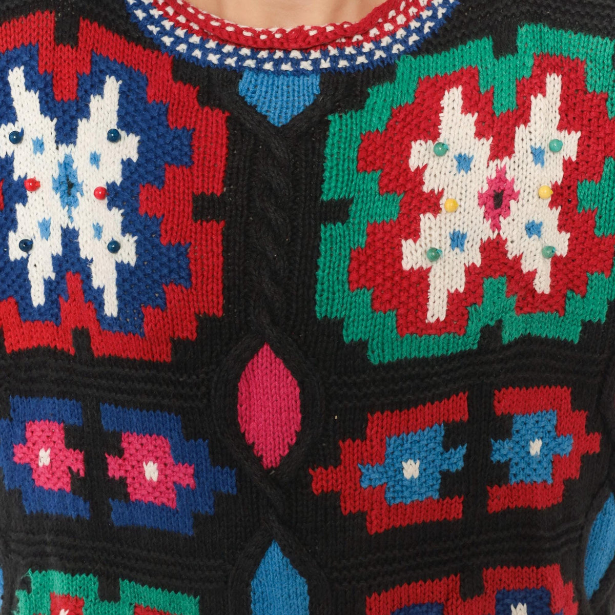 90s Hunter's Run Southwestern Patchwork Beaded Knit Pullover Black Small