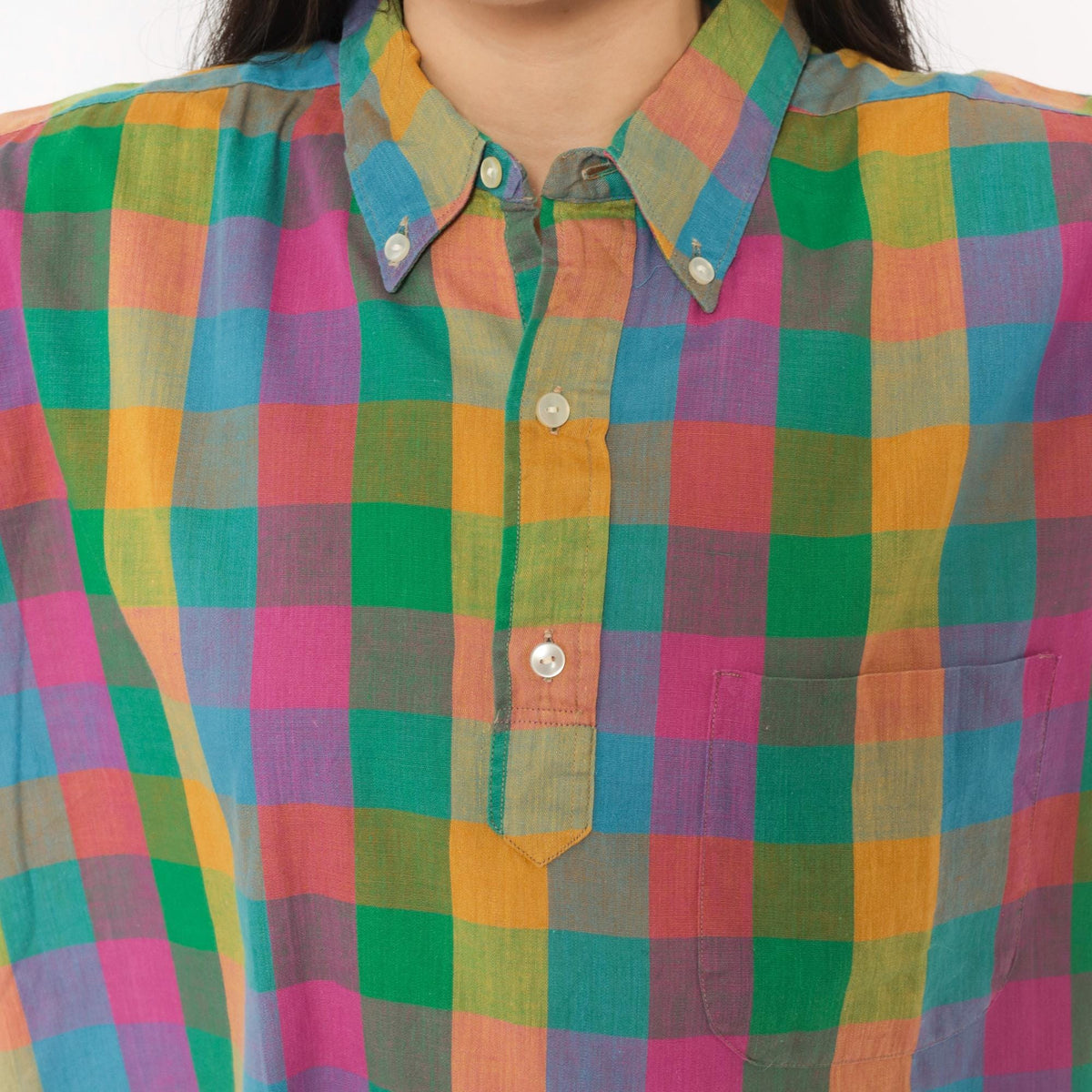 70s Career Club Madras Plaid Button-Down Shirt Multicolor Gingham Large L