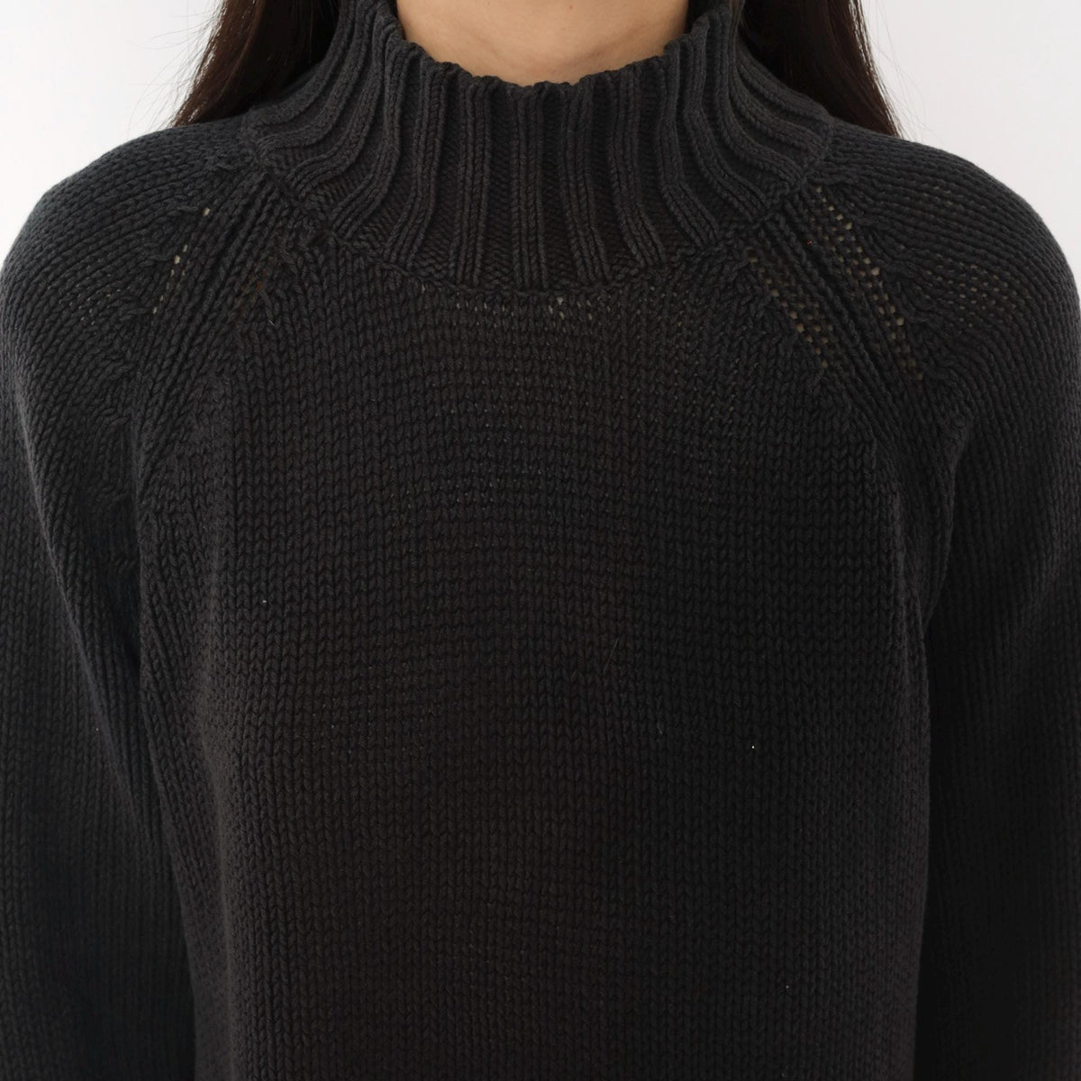 90s Chadwick's Black Mock Neck Sweater Cotton Knit Raglan Pullover Large L