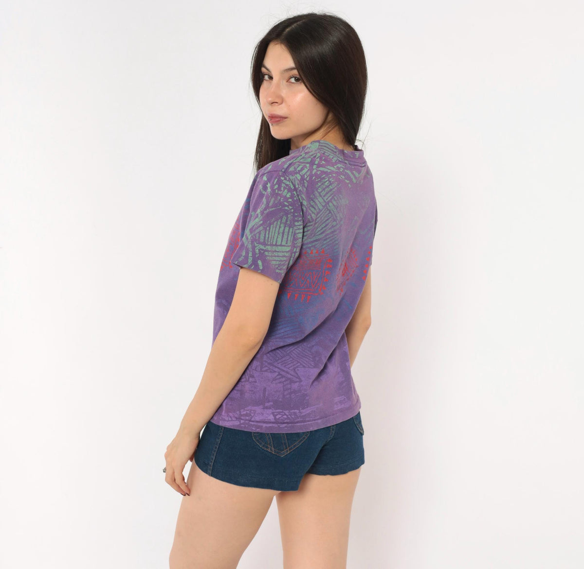90s Morey Boogie All Over Print Tee Purple Teal Geometric Tribal Cotton XS